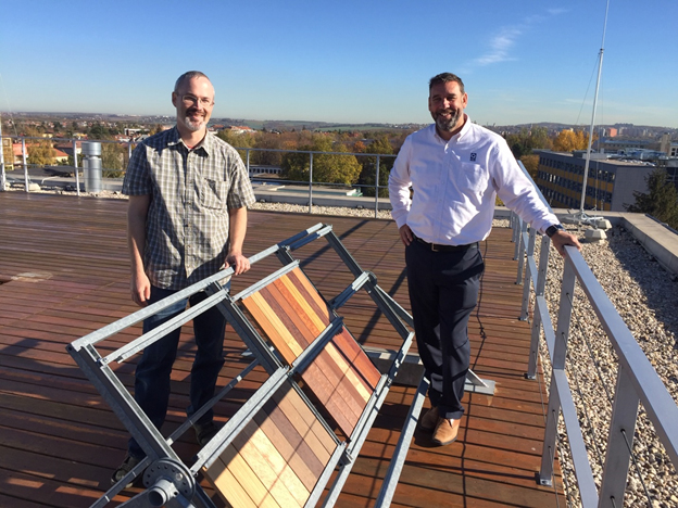 Pictured Miloš Pánek, CZU (Left) and Jim Regan, Q-Lab (Right) Specimens exposed using these tests show significant weathering degradation. 